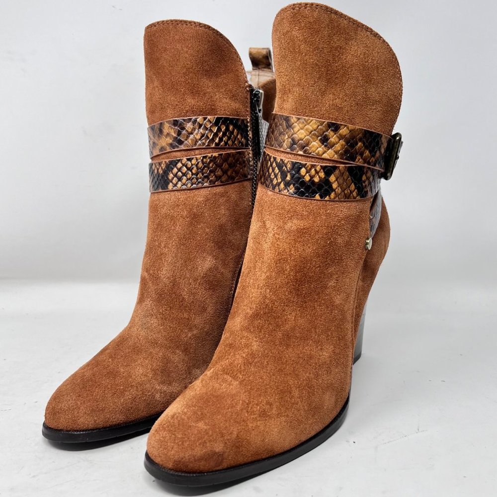 Donald J Pliner Oli‎ Cognac Suede Snake Embossed Buckle Ankle Boots Womens 7.5M